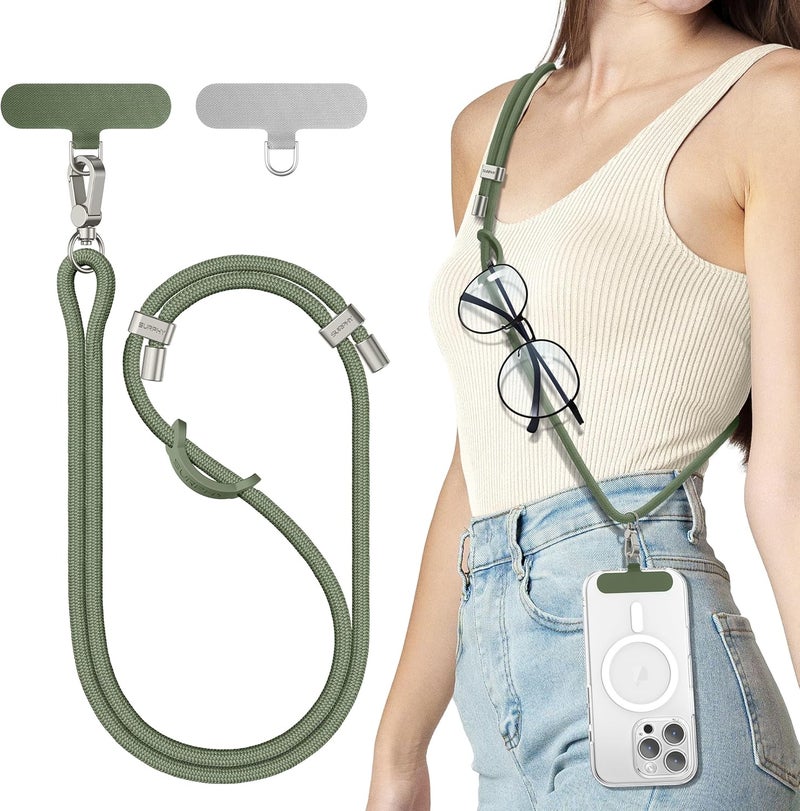 SURPHY Phone Lanyard, Adjustable Phone Strap Crossbody with 2 Pack Cell Phone Tether Tab, Premium Metal Buckles, Skin-Friendly, Universal Cell Phone Lanyard Crossbody for Women and Men, Army Green - Image 1